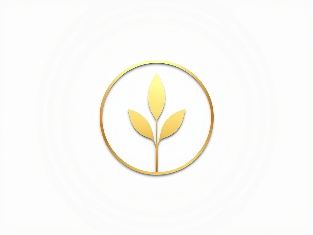 A minimalist geometric logo combining a circle and a leaf, clean lines, matte gold finish on white background, photorealistic, 8k.